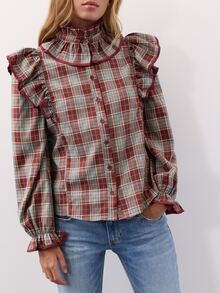 Nöista Burgundy Plaid Ruffle Shirt. Romantic Style For Dates, Parties, Elegant Going Out, Fall Winter. - Burgundy - View 2