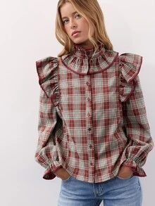 Nöista Burgundy Plaid Ruffle Shirt. Romantic Style For Dates, Parties, Elegant Going Out, Fall Winter. - Burgundy - View 4