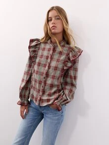 Nöista Burgundy Plaid Ruffle Shirt. Romantic Style For Dates, Parties, Elegant Going Out, Fall Winter. - Burgundy - View 3