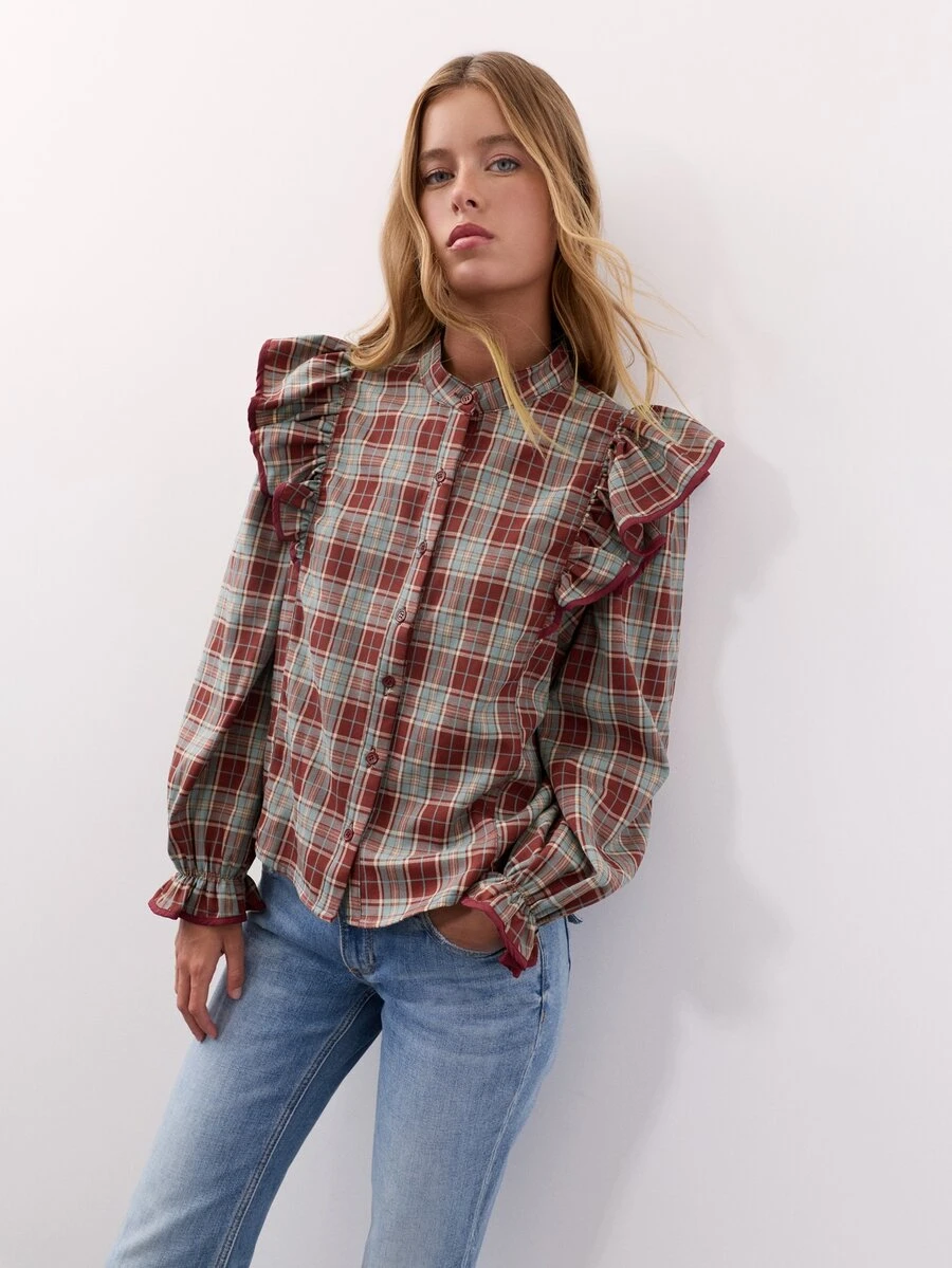 Nöista Burgundy Plaid Ruffle Shirt. Romantic Style For Dates, Parties, Elegant Going Out, Fall Winter. - Burgundy - View 1
