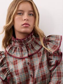 Nöista Burgundy Plaid Ruffle Shirt. Romantic Style For Dates, Parties, Elegant Going Out, Fall Winter. - Burgundy - View 7