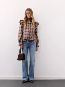 Nöista Burgundy Plaid Ruffle Shirt. Romantic Style For Dates, Parties, Elegant Going Out, Fall Winter. - Burgundy - View 5