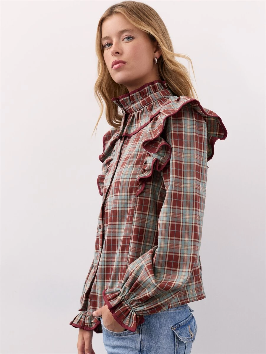 Nöista Burgundy Plaid Ruffle Shirt. Romantic Style For Dates, Parties, Elegant Going Out, Fall Winter. - Burgundy - View 1