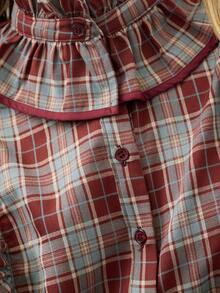 Nöista Burgundy Plaid Ruffle Shirt. Romantic Style For Dates, Parties, Elegant Going Out, Fall Winter. - Burgundy - View 9