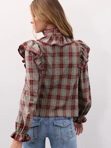 Nöista Burgundy Plaid Ruffle Shirt. Romantic Style For Dates, Parties, Elegant Going Out, Fall Winter. - Burgundy - View 6