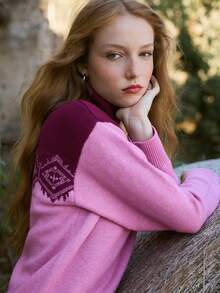 Nöista High Neck Knit Sweater With Front And Back Motifs. Fall Winter, Weekends, Cozy, Going Out. - Pink - View 7