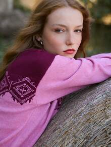 Nöista High Neck Knit Sweater With Front And Back Motifs. Fall Winter, Weekends, Cozy, Going Out. - Pink - View 3