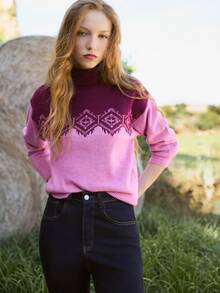 Nöista High Neck Knit Sweater With Front And Back Motifs. Fall Winter, Weekends, Cozy, Going Out. - Pink - View 4