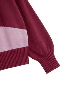 Nöista Sweater Rajut Blok Warna dengan Lengan Balon. Gaya Y2K, Musim Gugur/Musim Dingin, Kasual, Nyaman, Sehari-hari. - Burgundy - View 11
