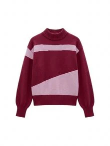 Nöista Sweater Rajut Blok Warna dengan Lengan Balon. Gaya Y2K, Musim Gugur/Musim Dingin, Kasual, Nyaman, Sehari-hari. - Burgundy - View 8