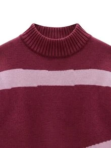 Nöista Sweater Rajut Blok Warna dengan Lengan Balon. Gaya Y2K, Musim Gugur/Musim Dingin, Kasual, Nyaman, Sehari-hari. - Burgundy - View 10