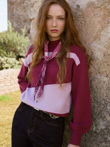 Nöista Sweater Rajut Blok Warna dengan Lengan Balon. Gaya Y2K, Musim Gugur/Musim Dingin, Kasual, Nyaman, Sehari-hari. - Burgundy - View 4