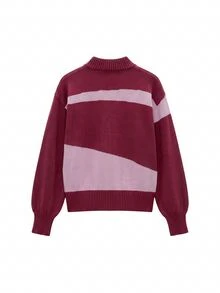 Nöista Sweater Rajut Blok Warna dengan Lengan Balon. Gaya Y2K, Musim Gugur/Musim Dingin, Kasual, Nyaman, Sehari-hari. - Burgundy - View 9