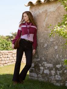 Nöista Sweater Rajut Blok Warna dengan Lengan Balon. Gaya Y2K, Musim Gugur/Musim Dingin, Kasual, Nyaman, Sehari-hari. - Burgundy - View 1