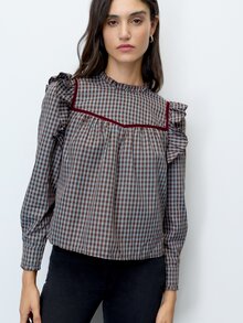 Nöista Blue Checked Fitted Shirt With Ruffles. Vintage Style, Dates, Casual, Going Out, Fall Winter. - Blue - View 3
