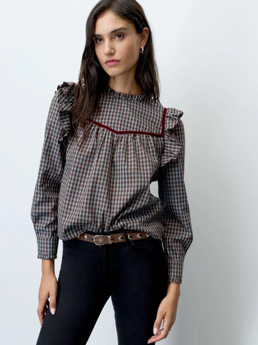 Nöista Blue Checked Fitted Shirt With Ruffles. Vintage Style, Dates, Casual, Going Out, Fall Winter. - Blue - View 1