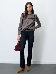 Nöista Blue Checked Fitted Shirt With Ruffles. Vintage Style, Dates, Casual, Going Out, Fall Winter. - Blue - View 6
