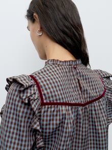 Nöista Blue Checked Fitted Shirt With Ruffles. Vintage Style, Dates, Casual, Going Out, Fall Winter. - Blue - View 7