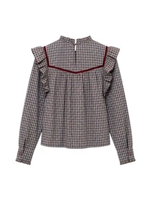 Nöista Blue Checked Fitted Shirt With Ruffles. Vintage Style, Dates, Casual, Going Out, Fall Winter. - Blue - View 11