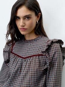 Nöista Blue Checked Fitted Shirt With Ruffles. Vintage Style, Dates, Casual, Going Out, Fall Winter. - Blue - View 13
