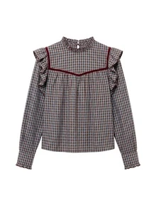 Nöista Blue Checked Fitted Shirt With Ruffles. Vintage Style, Dates, Casual, Going Out, Fall Winter. - Blue - View 10