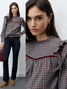 Nöista Blue Checked Fitted Shirt With Ruffles. Vintage Style, Dates, Casual, Going Out, Fall Winter. - Blue - View 4