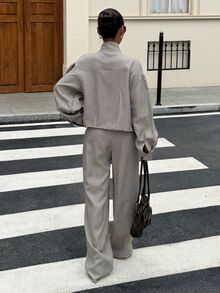 Muchica 女款街頭風格紋拉鍊長袖夾克與寬鬆長褲兩件套 - 棕色 - 查看 2