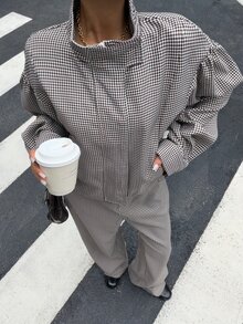 Muchica 女款街頭風格紋拉鍊長袖夾克與寬鬆長褲兩件套 - 棕色 - 查看 1
