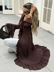Serisse Jaket Wanita Elegan Warna Cokelat Tua Polos Kasual Serbaguna Lengan Panjang Berkerut Cocok untuk Musim Panas, Kantor, Pesta, Kencan Malam, Kerja, Kembali ke Sekolah, Pergi Keluar, Minum Teh - Coklat - View 7
