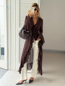 Serisse Jaket Wanita Elegan Warna Cokelat Tua Polos Kasual Serbaguna Lengan Panjang Berkerut Cocok untuk Musim Panas, Kantor, Pesta, Kencan Malam, Kerja, Kembali ke Sekolah, Pergi Keluar, Minum Teh - Coklat - View 5