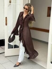 Serisse Jaket Wanita Elegan Warna Cokelat Tua Polos Kasual Serbaguna Lengan Panjang Berkerut Cocok untuk Musim Panas, Kantor, Pesta, Kencan Malam, Kerja, Kembali ke Sekolah, Pergi Keluar, Minum Teh - Coklat - View 1