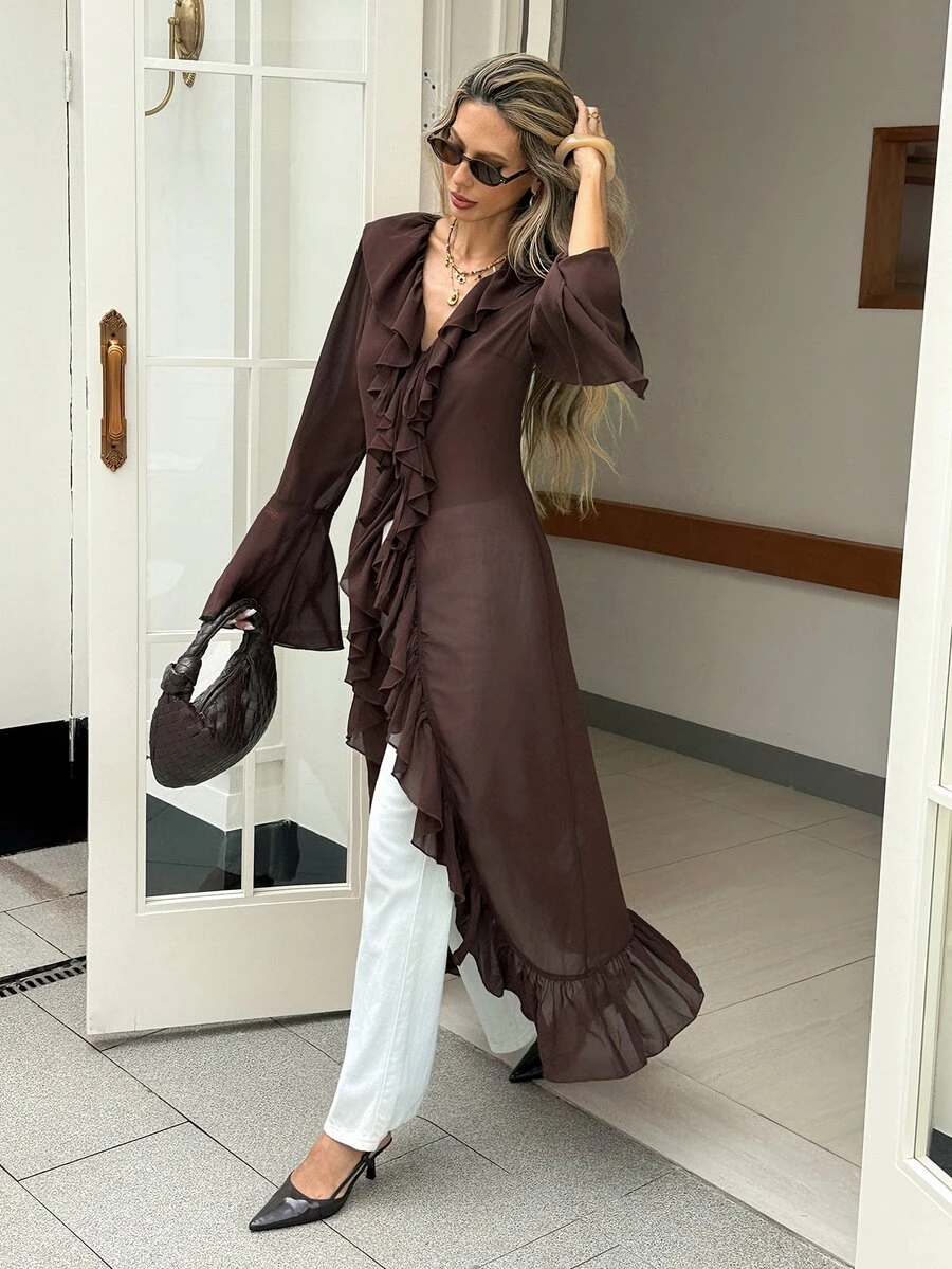 Serisse Jaket Wanita Elegan Warna Cokelat Tua Polos Kasual Serbaguna Lengan Panjang Berkerut Cocok untuk Musim Panas, Kantor, Pesta, Kencan Malam, Kerja, Kembali ke Sekolah, Pergi Keluar, Minum Teh - Coklat - View 1