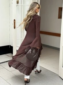 Serisse Jaket Wanita Elegan Warna Cokelat Tua Polos Kasual Serbaguna Lengan Panjang Berkerut Cocok untuk Musim Panas, Kantor, Pesta, Kencan Malam, Kerja, Kembali ke Sekolah, Pergi Keluar, Minum Teh - Coklat - View 3