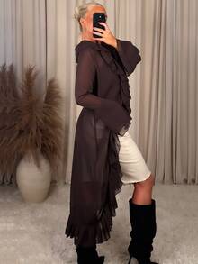 Serisse Jaket Wanita Elegan Warna Cokelat Tua Polos Kasual Serbaguna Lengan Panjang Berkerut Cocok untuk Musim Panas, Kantor, Pesta, Kencan Malam, Kerja, Kembali ke Sekolah, Pergi Keluar, Minum Teh - Coklat - View 8