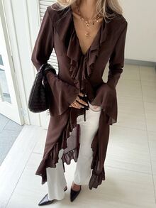 Serisse Jaket Wanita Elegan Warna Cokelat Tua Polos Kasual Serbaguna Lengan Panjang Berkerut Cocok untuk Musim Panas, Kantor, Pesta, Kencan Malam, Kerja, Kembali ke Sekolah, Pergi Keluar, Minum Teh - Coklat - View 6