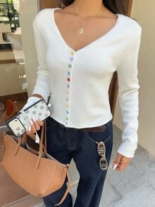 Autumina Cardigan Wanita Polos Leher V Kasual Serbaguna untuk Sehari-hari - Putih - View 3