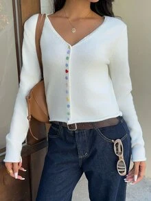 Autumina Cardigan Wanita Polos Leher V Kasual Serbaguna untuk Sehari-hari - Putih - View 6