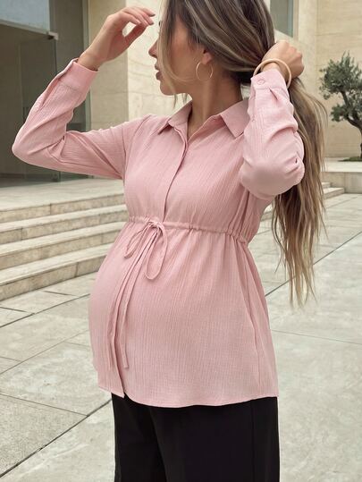 SHEIN Casual wiosenna/jesienna bluzka ciążowa z kołnierzem, wiązaniem w talii, z teksturowanej tkaniny, o kroju A, z długim rękawem, odpowiednia do codziennego noszenia, do pracy, na zakupy i spotkania