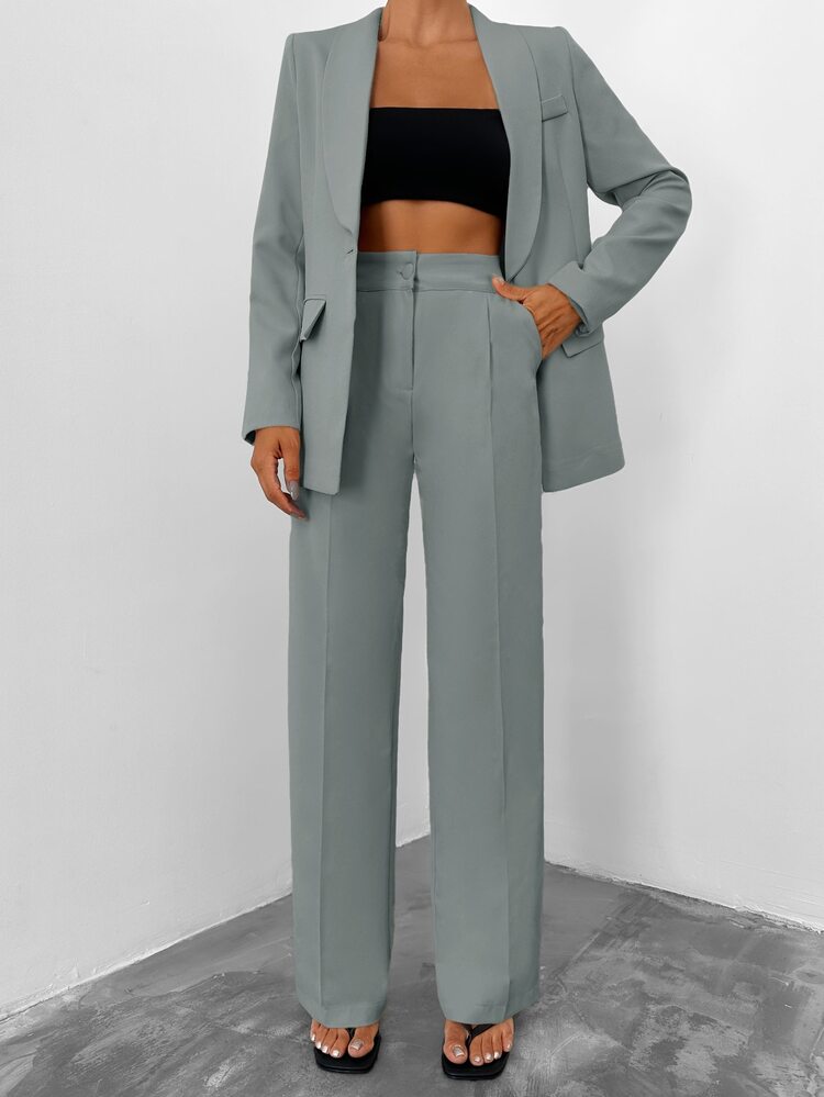 SHEIN Petite Size Women's Grey Solid Color Shawl Collar Long Sleeve Blazer And High Waist Pants Casual Suit Set With Pocket Details - Grey - View 1