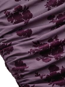 Nöista Elegant Velvet Floral Pattern Halter Mini Dress With Ruched Hem And Open Back For Party And Evening Looks - Mauve Purple - View 11