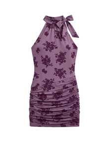 Nöista Elegant Velvet Floral Pattern Halter Mini Dress With Ruched Hem And Open Back For Party And Evening Looks - Mauve Purple - View 9