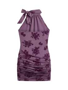 Nöista Elegant Velvet Floral Pattern Halter Mini Dress With Ruched Hem And Open Back For Party And Evening Looks - Mauve Purple - View 10
