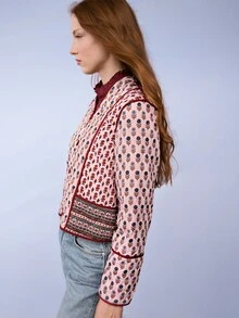 Nöista Quilted Jacket In Different Floral Prints, Contrast Piping And Buttons In Burgundy Color. Fall, Winter, Casual.  - Burgundy - View 1