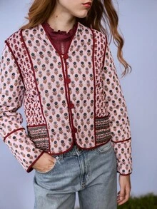 Nöista Quilted Jacket In Different Floral Prints, Contrast Piping And Buttons In Burgundy Color. Fall, Winter, Casual.  - Burgundy - View 8