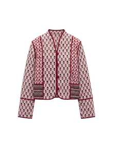 Nöista Quilted Jacket In Different Floral Prints, Contrast Piping And Buttons In Burgundy Color. Fall, Winter, Casual.  - Burgundy - View 9