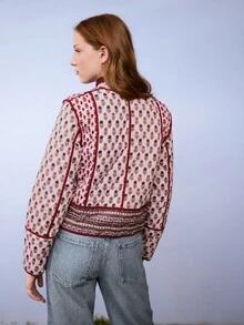 Nöista Quilted Jacket In Different Floral Prints, Contrast Piping And Buttons In Burgundy Color. Fall, Winter, Casual.  - Burgundy - View 5