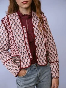 Nöista Quilted Jacket In Different Floral Prints, Contrast Piping And Buttons In Burgundy Color. Fall, Winter, Casual.  - Burgundy - View 2
