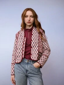 Nöista Quilted Jacket In Different Floral Prints, Contrast Piping And Buttons In Burgundy Color. Fall, Winter, Casual.  - Burgundy - View 3