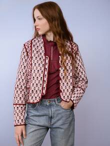 Nöista Quilted Jacket In Different Floral Prints, Contrast Piping And Buttons In Burgundy Color. Fall, Winter, Casual.  - Burgundy - View 6