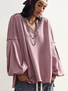 Bohemela Solid V-Neck Split Hem Drop Shoulder Oversize Sweatshirt - Purple - View 4